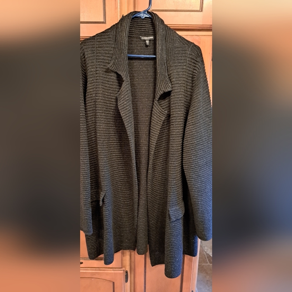 Eileen Fisher Dark Gray Ribbed Open Cardigan
